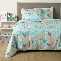 MICA KIDS - Juego de Cama Mica Kids: Corazón 1 sábana bajera, 1 sábana encimera, 1 quilt, 2 fundas de almohada