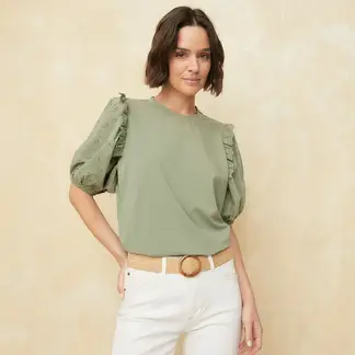 UNIVERSITY CLUB - Camiseta Mujer con Bordado Manga corta globo de Algodón