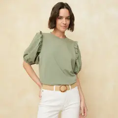 UNIVERSITY CLUB - Camiseta Mujer con Bordado Manga corta globo de Algodón