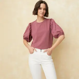 UNIVERSITY CLUB - Camiseta Mujer con Bordado Manga corta globo de Algodón