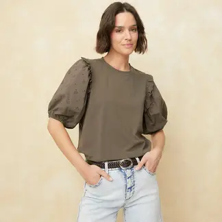 UNIVERSITY CLUB - Camiseta Mujer con Bordado Manga corta globo de Algodón