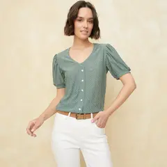 UNIVERSITY CLUB - Blusa Mujer con Bordado Manga corta globo