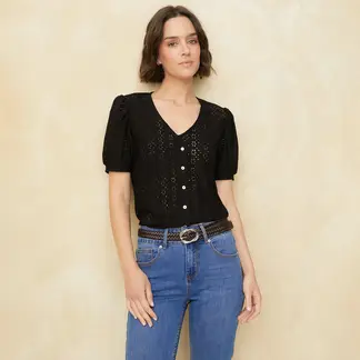 UNIVERSITY CLUB - Blusa Mujer con Bordado Manga corta globo