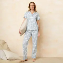 SOUTHLAND - Pijama completa con pantalón para Mujer Manga corta con Flores de Algodón