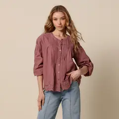 UNIVERSITY CLUB - Blusa Mujer con Bordado Manga 3/4 de Algodón