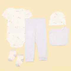 YAMP - Set Body manga corta + Gorro + Pantalón + Medias+ Babero para Bebé niña Baby shower de Algodón