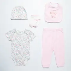 YAMP - Set Body manga corta + Gorro + Pantalón + Medias+ Babero para Bebé niña Baby shower de Algodón