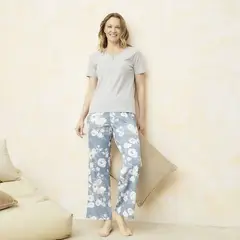 SOUTHLAND - Pijama completa con pantalón para Mujer Manga corta con Flores de Algodón