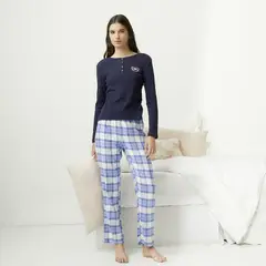 SYBILLA - Pijama completa con pantalón para Mujer Manga larga de Cuadros de Algodón