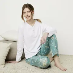 BLU - Camiseta de pijama para Mujer Manga larga de Algodón