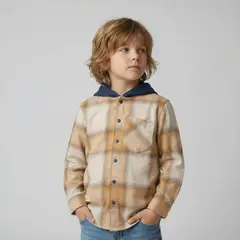 YAMP - Camisa para Niño de Cuadros Con capucha Manga larga de Algodón