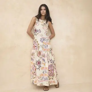 BASEMENT - Vestido Mujer Largo Casual con Estampado de Lino