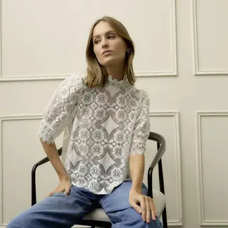 BASEMENT - Blusa Mujer con Encaje Manga 3/4 de Algodón