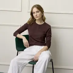 BASEMENT - Camiseta para Mujer de Algodón Cuello redondo Manga larga Slim fit