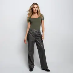 DENIMLAB - Pantalón Recto Mujer Tiro medio Efecto cuero