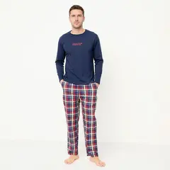 BENETTON - Pijama Hombre Largo Manga Larga de Cuadros de Algodón
