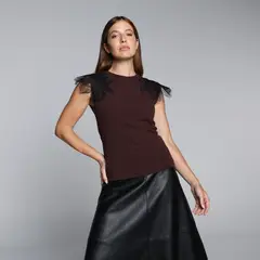 BASEMENT - Camiseta Mujer Encaje Manga Corta De Algodón