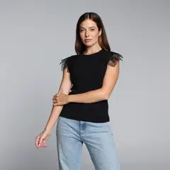 BASEMENT - Camiseta Mujer Encaje Manga Corta De Algodón