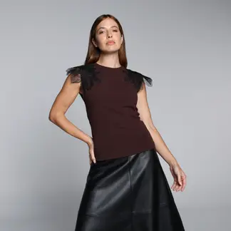 BASEMENT - Camiseta Mujer Encaje Manga Corta De Algodón