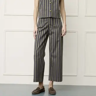 BASEMENT - Pantalón Wide leg Mujer Tiro medio de Rayas de Algodón