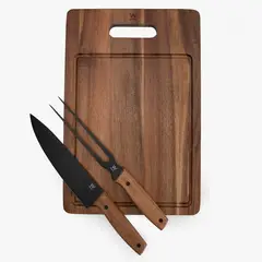 WURDEN - Set 3 Accesorios Parrilla Cuchillo + Trincho + Tabla Acero Inoxidable Grill