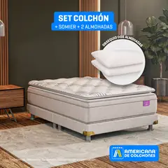AMERICANA DE COLCHONES - Colchón con Base Cama Doble Firmeza Media Ortopédico Resortado con Pillow Premium Top 140 x 190 cm + 2 Almohadas