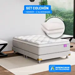 AMERICANA DE COLCHONES - Colchón con Base Cama Doble Firmeza Media Ortopédico Resortado con Pillow Premium Top 140 x 190 cm + 2 Almohadas