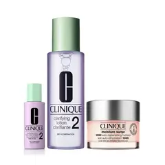 CLINIQUE - Set Hidratante facial Exfoliante Calrifying Lotion 2 Piel seca 200 ml + Hidratante Moisture Surge 100H Todo tipo de piel 50 ml + Sample Loción Clarificante para Piel Seca 30 ml Incluye: 3 Productos