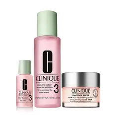 CLINIQUE - Set Hidratante facial Exfoliante Clarifying Lotion 3 para Piel Mixta 200 ml + Hidratante Moisture Surge 100H Todo tipo de piel 50 ml + Sample Loción Clarificante para Piel Seca 30 ml Incluye: 3 Productos