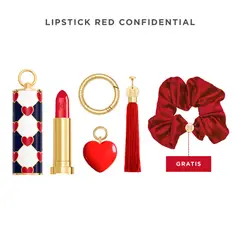 CAROLINA HERRERA - Combo Lipstick Red Confidential. Incluye: Fabulous Kiss Lipstick Satin tono 310 Carolina + Lipstick Case Lovewins + Argolla para labial + Acessorio Corazón + Accesorio Pompón rojo + Scrunchie