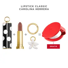 CAROLINA HERRERA - Combo Lipstick Classic Carolina Herrera. Incluye: Fabulous Kiss Lipstick Matte tono 445 Urban Elegance + Lipstick Case Dot Drama + argolla para labial + Accesorio flor Jasmín + mini espejo