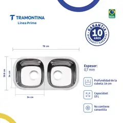 TRAMONTINA - Lavaplatos Doble Prime de Acero Inoxidable 72x34cm