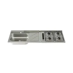 SOCODA - Mesón Fluens 150x52 cm con 4 Puestos a Gas Poceta Derecha Monocontrol Acero Inoxidable