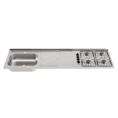 SOCODA - Mesón Fluens 180x52 cm con 4 Puestos a Gas Poceta Derecha Monocontrol Acero Inoxidable