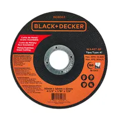 BLACK+DECKER - Disco Abrasivo Corte Metal 4 1/2 X 1/16 Pulgadas B&D Ref BD8063