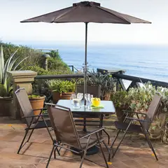 undefined - Juego Comedor Exterior 4 Puestos Metal / Textil Con Parasol Taupe Menorca
