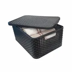 MAGICPLAST - Canasta Plástica Con Tapa 39,2x17,8x28,2 Cm 16 Litros Rattán