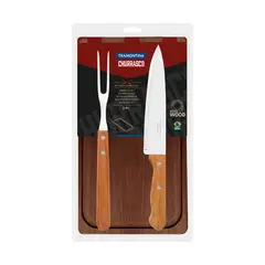 TRAMONTINA - Set Parrillero 3 Piezas Cuchillo+Trinche+Tabla Churrasco