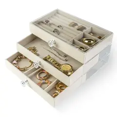 ENERGY PLUS - Joyero Organizador Joyas 3 Niveles Transparente Y Divisiones Beige