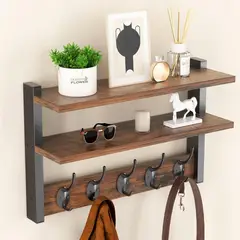 undefined - Estante De Pared Orapoke Marrón Rústico Con Ganchos Y Dos Niveles