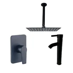 INKORPORAR - Kit Grifería Ducha Monocontrol Nott Negro +Regadera 20Cm+Brazo Techo+Grifería Mezclador Lavamanos Iris Alta