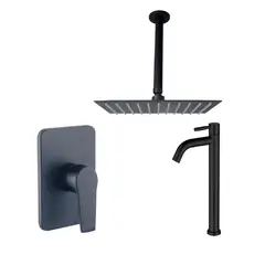 INKORPORAR - Kit Grifería Ducha Monocontrol Nott Negro +Regadera 15Cm+Brazo Techo+Grifería Lavamanos Island Alta Agua Fría