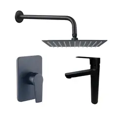 INKORPORAR - Kit Grifería Ducha Monocontrol Nott Negro +Regadera 20Cm+Brazo Redondo+Grifería Mezclador Lavamanos Nott Alta