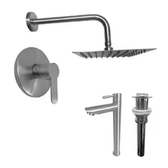 INKORPORAR - Kit Grifería Ducha Monocontrol Acero Inoxidable +Regadera 20Cm+Brazo Ducha+Grifería Lavamanos Agua Fria Inox Alta+Desague