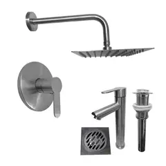 INKORPORAR - Kit Grifería Ducha Monocontrol Acero Inoxidable +Regadera 20Cm+Brazo Ducha+Grifería Mezclador Lavamanos Inox Alta+Desague+Rejilla Sifon Piso 10X10 Inox