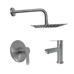 INKORPORAR - Kit Grifería Ducha Monocontrol Acero Inoxidable +Regadera 20Cm+Brazo Ducha+Grifería Mezclador Lavamanos Inox Baja