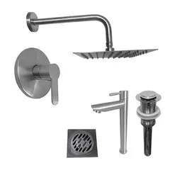 INKORPORAR - Kit Grifería Ducha Monocontrol Acero Inoxidable +Regadera 20Cm+Brazo Ducha+Grifería Lavamanos Agua Fria Inox Alta+Desague+Rejilla Sifon Piso 10X10 Inox