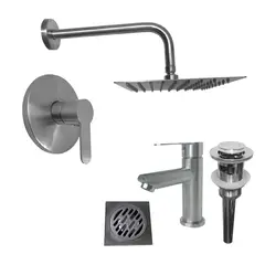 INKORPORAR - Kit Grifería Ducha Monocontrol Acero Inoxidable +Regadera 20Cm+Brazo Ducha+Grifería Mezclador Lavamanos Inox Baja+Desague+Rejilla Sifon Piso 10X10 Inox