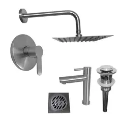 INKORPORAR - Kit Grifería Ducha Monocontrol Acero Inoxidable +Regadera 20Cm+Brazo Ducha+Grifería Lavamanos Agua Fria Inox Baja+Desague+Rejilla 10X10 Inox