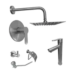 INKORPORAR - Kit Grifería Ducha Monocontrol Acero Inoxidable +Regadera 20Cm+Brazo Redondo +Grifería Mezclador Lavamanos Inox Alta+Setx3 Accesorios